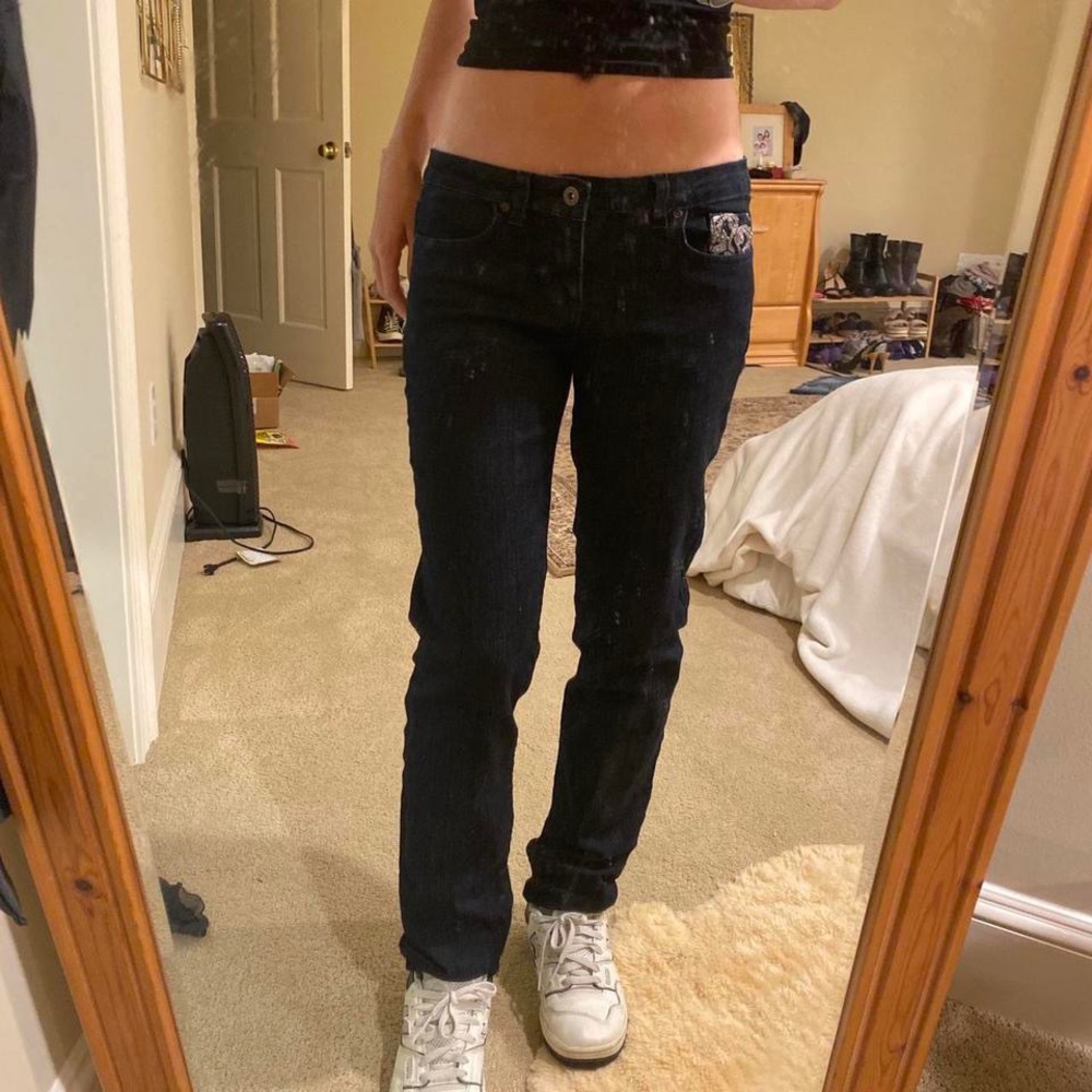 low rise black embellished jeans